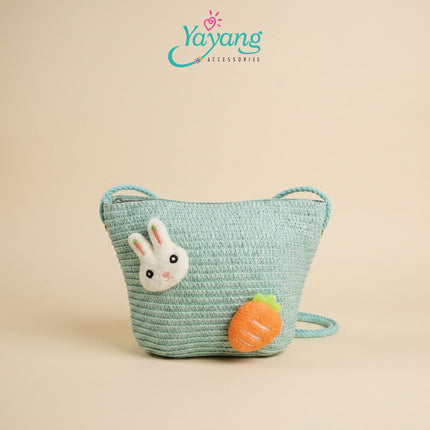 Yayang Tas Selempang Jerami Anak Perempuan  Kelinci Wortel Jeruk Tas Anak Lucu Korean Style Cute Bunny Fruit Bag-  Tas Fashion Anak