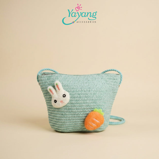 Yayang Tas Selempang Jerami Anak Perempuan  Kelinci Wortel Jeruk Tas Anak Lucu Korean Style Cute Bunny Fruit Bag-  Tas Fashion Anak