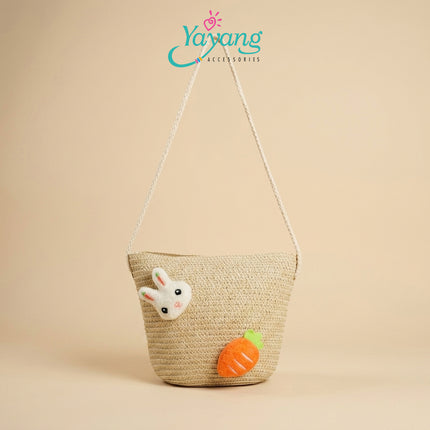Yayang Tas Selempang Jerami Anak Perempuan  Kelinci Wortel Jeruk Tas Anak Lucu Korean Style Cute Bunny Fruit Bag-  Tas Fashion Anak