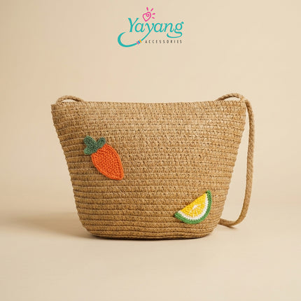 Yayang Tas Selempang Jerami Anak Perempuan  Kelinci Wortel Jeruk Tas Anak Lucu Korean Style Cute Bunny Fruit Bag-  Tas Fashion Anak