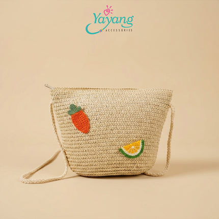 Yayang Tas Selempang Jerami Anak Perempuan  Kelinci Wortel Jeruk Tas Anak Lucu Korean Style Cute Bunny Fruit Bag-  Tas Fashion Anak