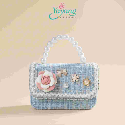Yayang Tas Selempang Anak Perempuan Tweed Bunga Mutiara Mini Sling Bag Tas Pesta Korean Style Elegan
