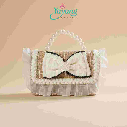 Yayang Tas Selempang Anak Perempuan Pita Mutiara Mini Sling Bag Tweed Korean Style Tas Pesta Anak Lucu