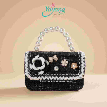 Yayang Tas Selempang Anak Perempuan Tweed Bunga Mutiara Mini Sling Bag Tas Pesta Korean Style Elegan