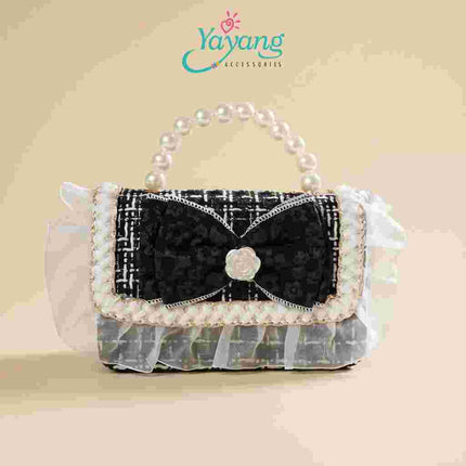 Yayang Tas Selempang Anak Perempuan Pita Mutiara Mini Sling Bag Tweed Korean Style Tas Pesta Anak Lucu