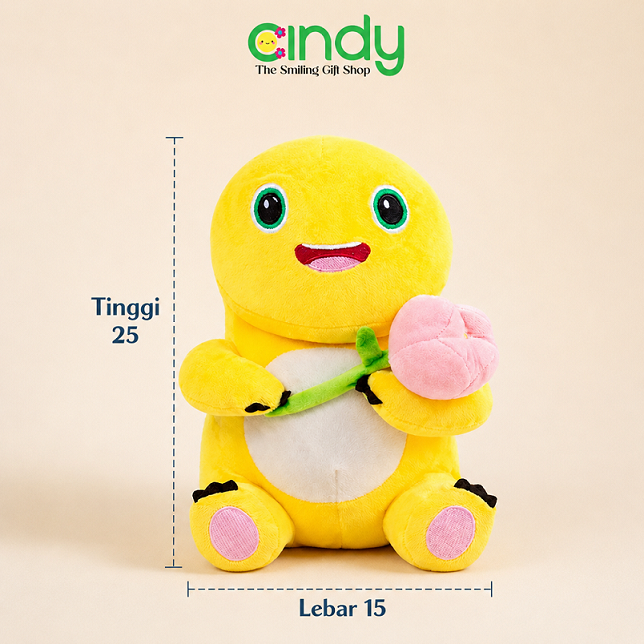 Cindy Boneka Dino Nailong Kuning Pegang Bunga Lucu