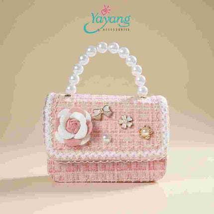 Yayang Tas Selempang Anak Perempuan Tweed Bunga Mutiara Mini Sling Bag Tas Pesta Korean Style Elegan