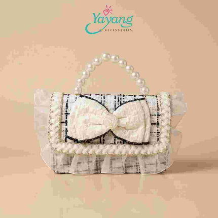 Yayang Tas Selempang Anak Perempuan Pita Mutiara Mini Sling Bag Tweed Korean Style Tas Pesta Anak Lucu
