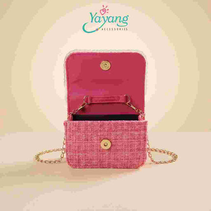 Yayang Tas Selempang Anak Perempuan Tweed Bunga Mutiara Mini Sling Bag Tas Pesta Korean Style Elegan