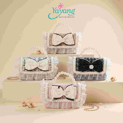Yayang Tas Selempang Anak Perempuan Pita Mutiara Mini Sling Bag Tweed Korean Style Tas Pesta Anak Lucu