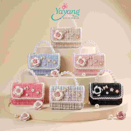 Yayang Tas Selempang Anak Perempuan Tweed Bunga Mutiara Mini Sling Bag Tas Pesta Korean Style Elegan
