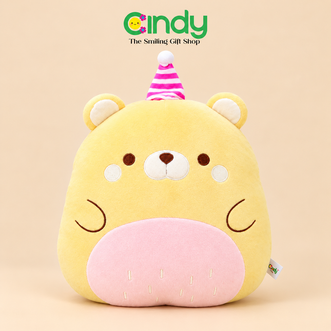 Cindy Bantal Cushion Plush Birthday Bear – Boneka Beruang Topi Ulang Tahun Premium