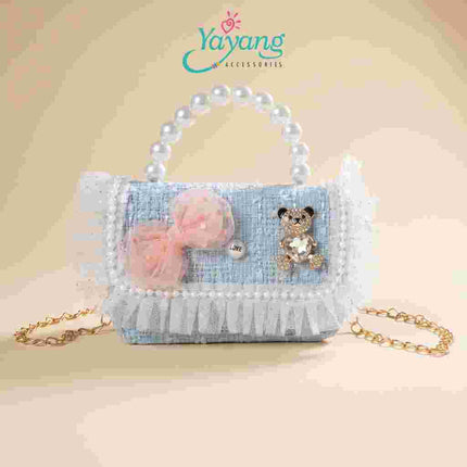 Yayang Tas Selempang Anak Perempuan Tweed Pita Mutiara Teddy Bear Mini Sling Bag Tas Pesta Anak Korean Style