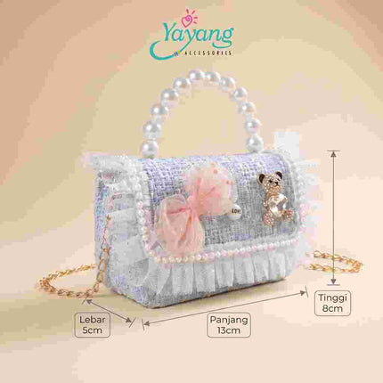 Yayang Tas Selempang Anak Perempuan Tweed Pita Mutiara Teddy Bear Mini Sling Bag Tas Pesta Anak Korean Style