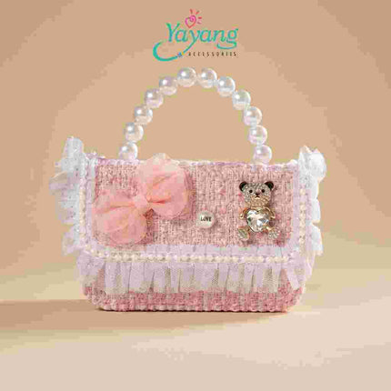 Yayang Tas Selempang Anak Perempuan Tweed Pita Mutiara Teddy Bear Mini Sling Bag Tas Pesta Anak Korean Style