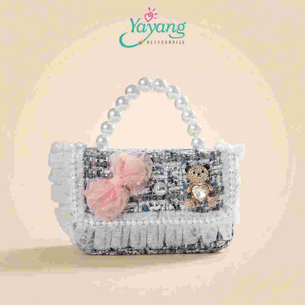 Yayang Tas Selempang Anak Perempuan Tweed Pita Mutiara Teddy Bear Mini Sling Bag Tas Pesta Anak Korean Style