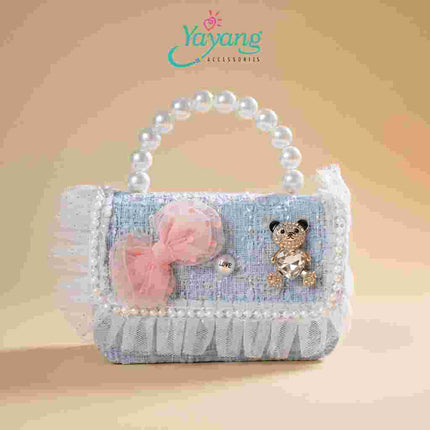 Yayang Tas Selempang Anak Perempuan Tweed Pita Mutiara Teddy Bear Mini Sling Bag Tas Pesta Anak Korean Style