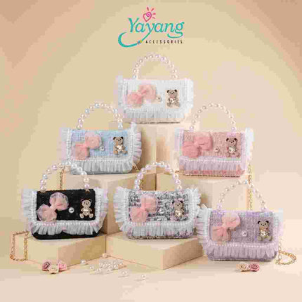 Yayang Tas Selempang Anak Perempuan Tweed Pita Mutiara Teddy Bear Mini Sling Bag Tas Pesta Anak Korean Style