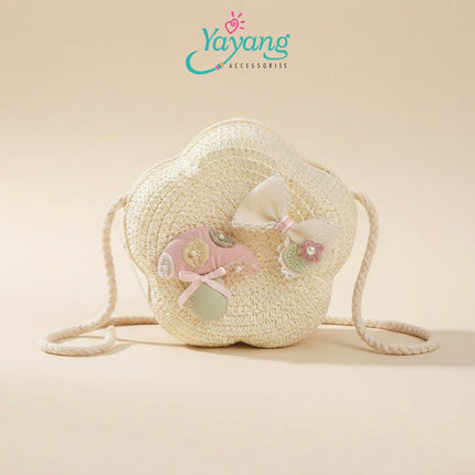 Yayang Tas Selempang Anak Jerami Bunga Rajut Pita Jamur Lucu - Tas Rotan Anak Perempuan Korean Style