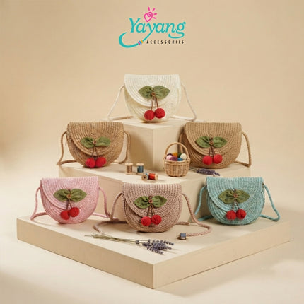 Yayang Tas Selempang Anak Jerami Cherry - Tas Rajut Anak Perempuan Korean Style Lucu