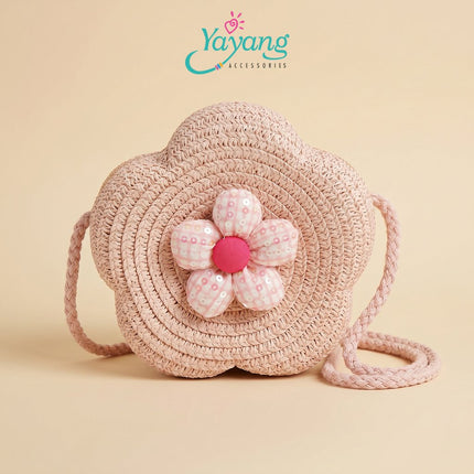 YAYANG Sling Bag Tas Jerami Bentuk Bunga - Tas Selempang Anak Rajut Pita Bunga Lucu Premium