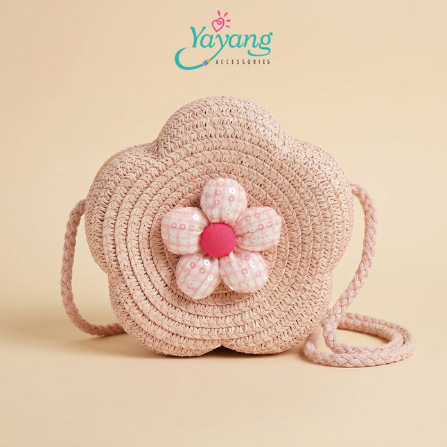 YAYANG Sling Bag Tas Jerami Bentuk Bunga - Tas Selempang Anak Rajut Pita Bunga Lucu Premium