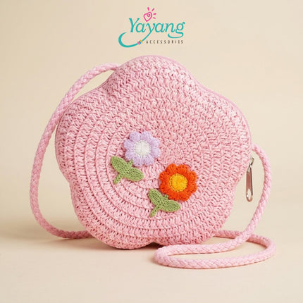 YAYANG Sling Bag Tas Jerami Bentuk Bunga - Tas Selempang Anak Rajut Pita Bunga Lucu Premium