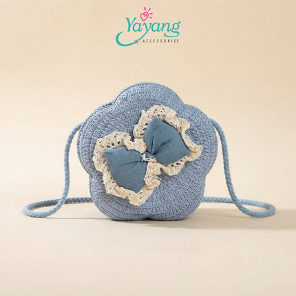 Yayang Tas Selempang Anak Jerami Rajut Pita Embos Renda Lucu -  Tas Rotan Bentuk Bunga Anak Perempuan Korean Style