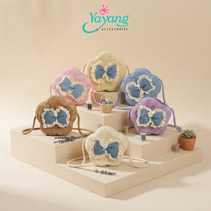 Yayang Tas Selempang Anak Jerami Rajut Pita Embos Renda Lucu -  Tas Rotan Bentuk Bunga Anak Perempuan Korean Style