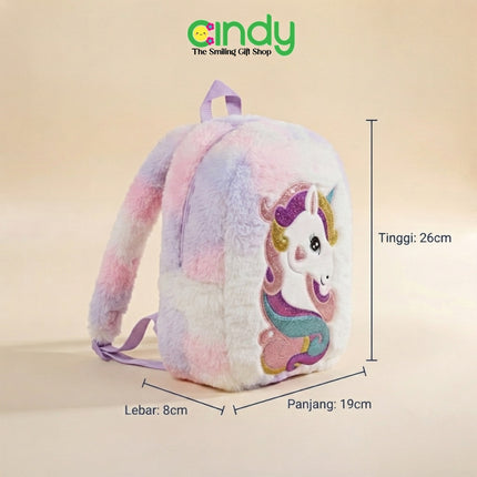 Cindy Tas Ransel Anak Unicorn Rainbow Plush Tas Sekolah Anak Perempuan Backpack Bulu Lembut Lucu