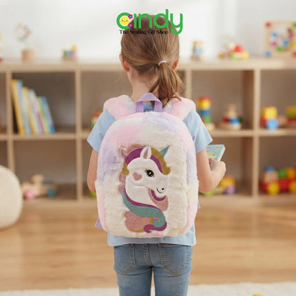 Cindy Tas Ransel Anak Unicorn Rainbow Plush Tas Sekolah Anak Perempuan Backpack Bulu Lembut Lucu