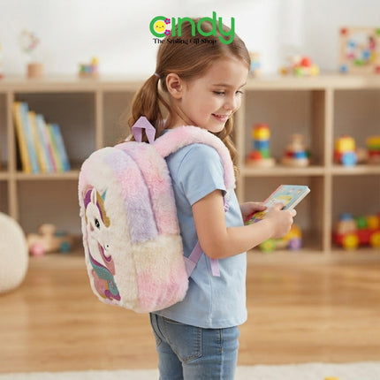 Cindy Tas Ransel Anak Unicorn Rainbow Plush Tas Sekolah Anak Perempuan Backpack Bulu Lembut Lucu