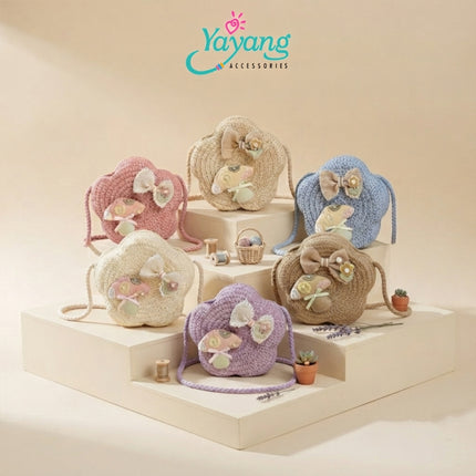 Yayang Tas Selempang Anak Jerami Bunga Rajut Pita Jamur Lucu - Tas Rotan Anak Perempuan Korean Style