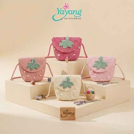 Yayang Tas Selempang Anak Jerami Rajut Motif Daun Mutiara - Tas Rotan Anak Perempuan Korean Style