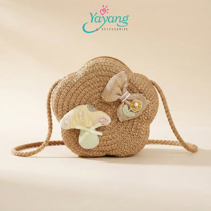 Yayang Tas Selempang Anak Jerami Bunga Rajut Pita Jamur Lucu - Tas Rotan Anak Perempuan Korean Style