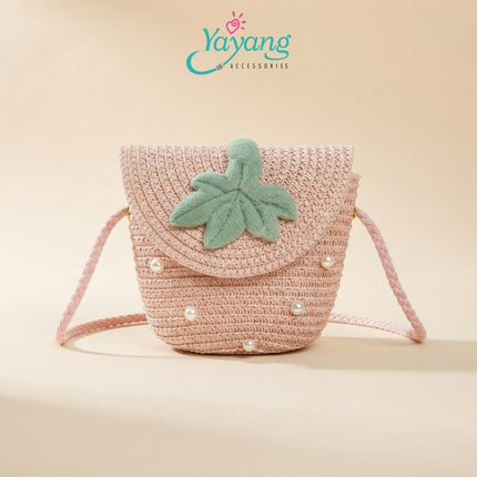 Yayang Tas Selempang Anak Jerami Rajut Motif Daun Mutiara - Tas Rotan Anak Perempuan Korean Style