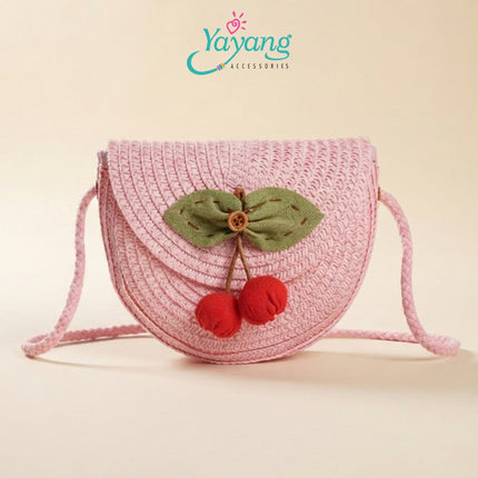 Yayang Tas Selempang Anak Jerami Cherry - Tas Rajut Anak Perempuan Korean Style Lucu