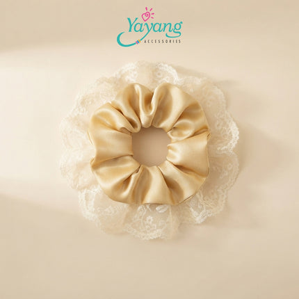 Yayang Scrunchie Satin Premium Kombinasi Renda Floral