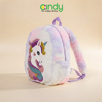 Cindy Tas Ransel Anak Unicorn Rainbow Plush Tas Sekolah Anak Perempuan Backpack Bulu Lembut Lucu