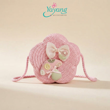 Yayang Tas Selempang Anak Jerami Bunga Rajut Pita Jamur Lucu - Tas Rotan Anak Perempuan Korean Style