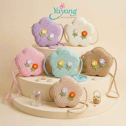 YAYANG Sling Bag Tas Jerami Bentuk Bunga - Tas Selempang Anak Rajut Pita Bunga Lucu Premium