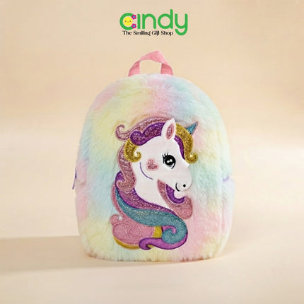 Cindy Tas Ransel Anak Unicorn Rainbow Plush Tas Sekolah Anak Perempuan Backpack Bulu Lembut Lucu