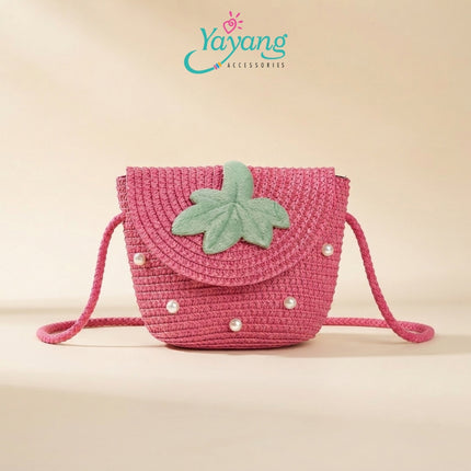 Yayang Tas Selempang Anak Jerami Rajut Motif Daun Mutiara - Tas Rotan Anak Perempuan Korean Style