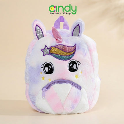 Cindy Tas Ransel Anak Unicorn Rainbow Plush Tas Sekolah Anak Perempuan Backpack Bulu Lembut Lucu