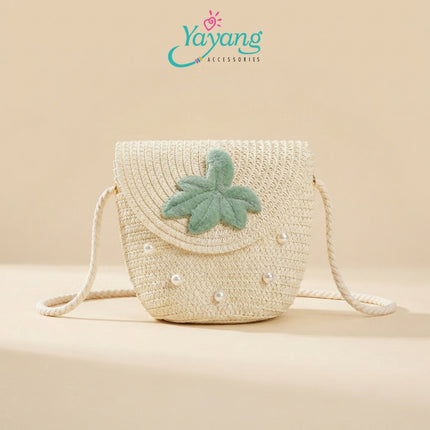 Yayang Tas Selempang Anak Jerami Rajut Motif Daun Mutiara - Tas Rotan Anak Perempuan Korean Style