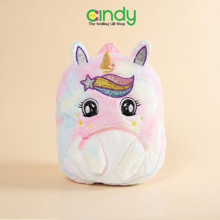 Cindy Tas Ransel Anak Unicorn Rainbow Plush Tas Sekolah Anak Perempuan Backpack Bulu Lembut Lucu
