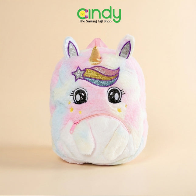 Cindy Tas Ransel Anak Unicorn Rainbow Plush Tas Sekolah Anak Perempuan Backpack Bulu Lembut Lucu