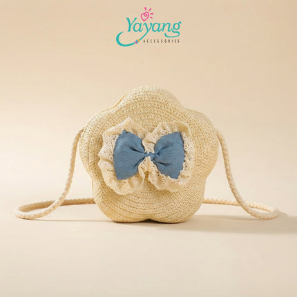 Yayang Tas Selempang Anak Jerami Rajut Pita Embos Renda Lucu -  Tas Rotan Bentuk Bunga Anak Perempuan Korean Style