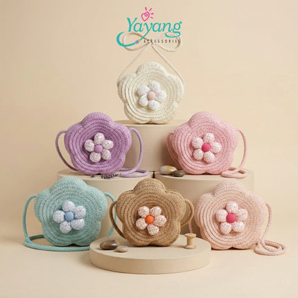 YAYANG Sling Bag Tas Jerami Bentuk Bunga - Tas Selempang Anak Rajut Pita Bunga Lucu Premium