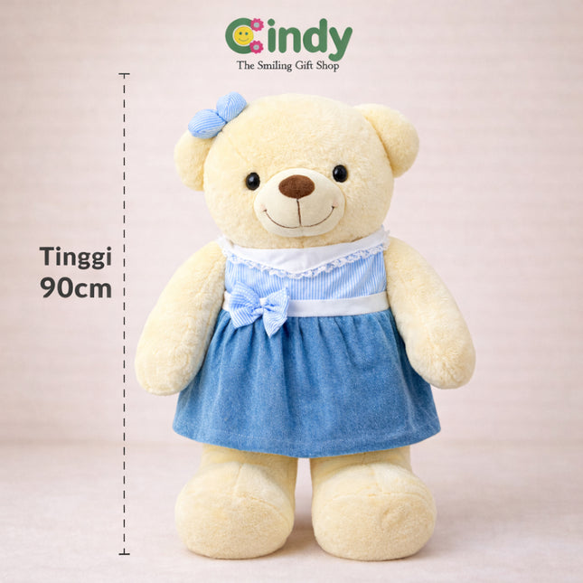 Cindy Boneka Teddy Bear Girl Dress Russel Jumbo – Boneka Beruang Cantik Gaun Biru Hadiah Lucu